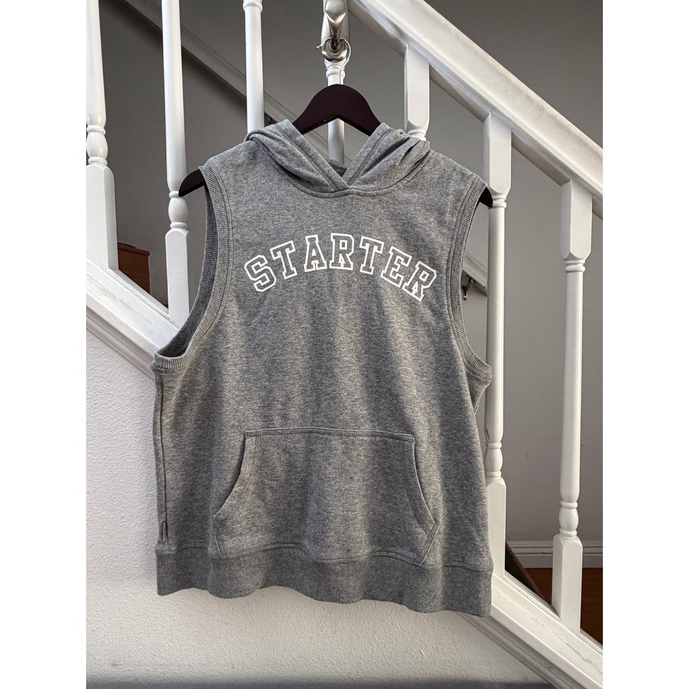 Starter Mens Sleeveless Hoodie Heather Gray Athletic Vest Logo Fleece Medium